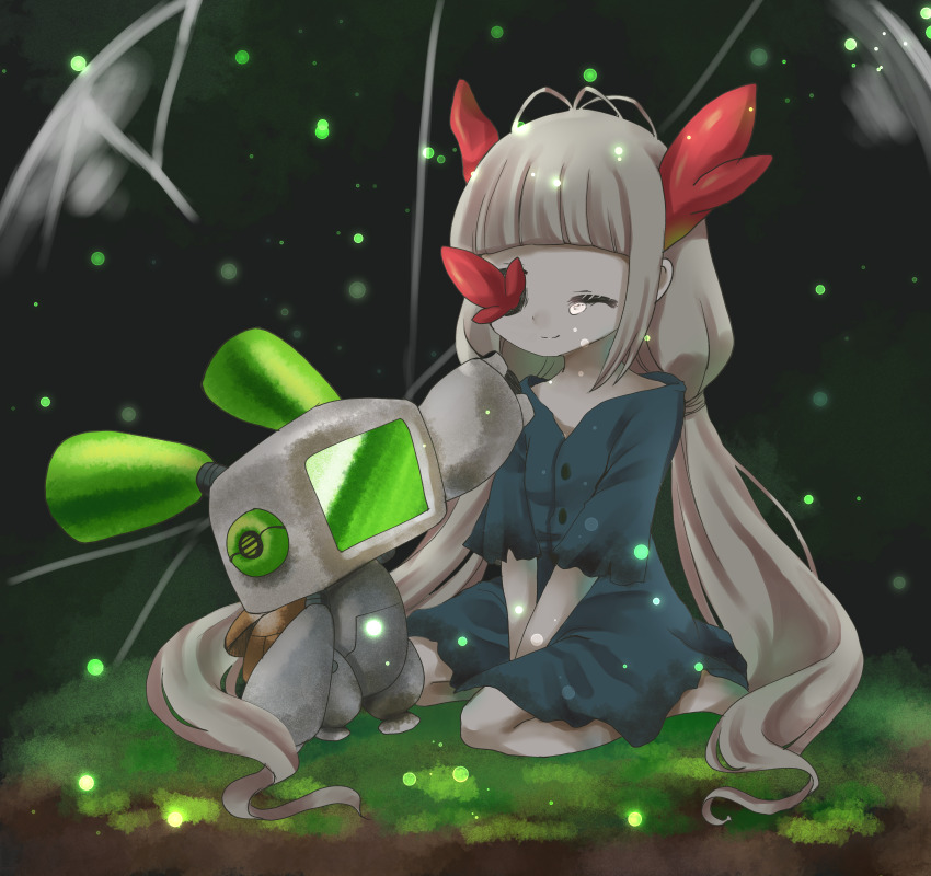 1girl, absurdly_long_hair, barefoot, blue_dress, blunt_bangs, closed_eyes, crying, dress