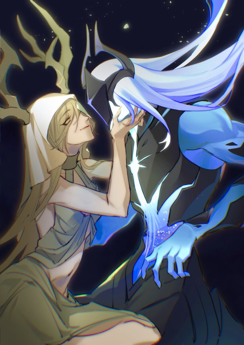 2others, antlers, blonde_hair, commentary, couple, dress, english_commentary, eyes_visible_through_hair, fingernails, green_dress, hands_on_another's_face, highres, honkai:_star_rail, honkai_(series), horns, jim_mumu, lan_(honkai:_star_rail), long_hair, looking_at_another, mask, multiple_others, sharp_fingernails, simple_background, smile, stomach, taur, veil, very_long_hair, white_hair, yaoshi_(honkai:_star_rail)