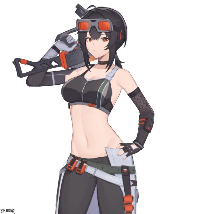 1girl, bajigurr, bare_shoulders, belt, black_choker, black_gloves, black_hair, black_pants