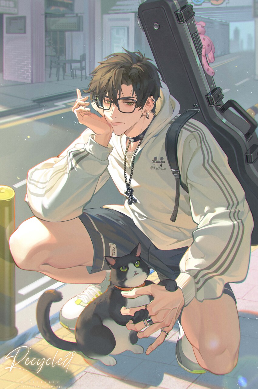 1boy, absurdres, animal, artist_name, black_cat, black_collar, black_shorts, bone_necklace