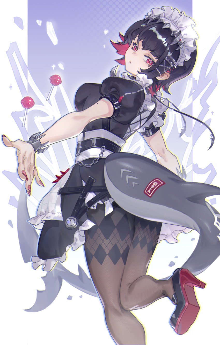 1girl, anmaki, black_hair, brown_pantyhose, candy, commentary, ellen_joe, english_commentary