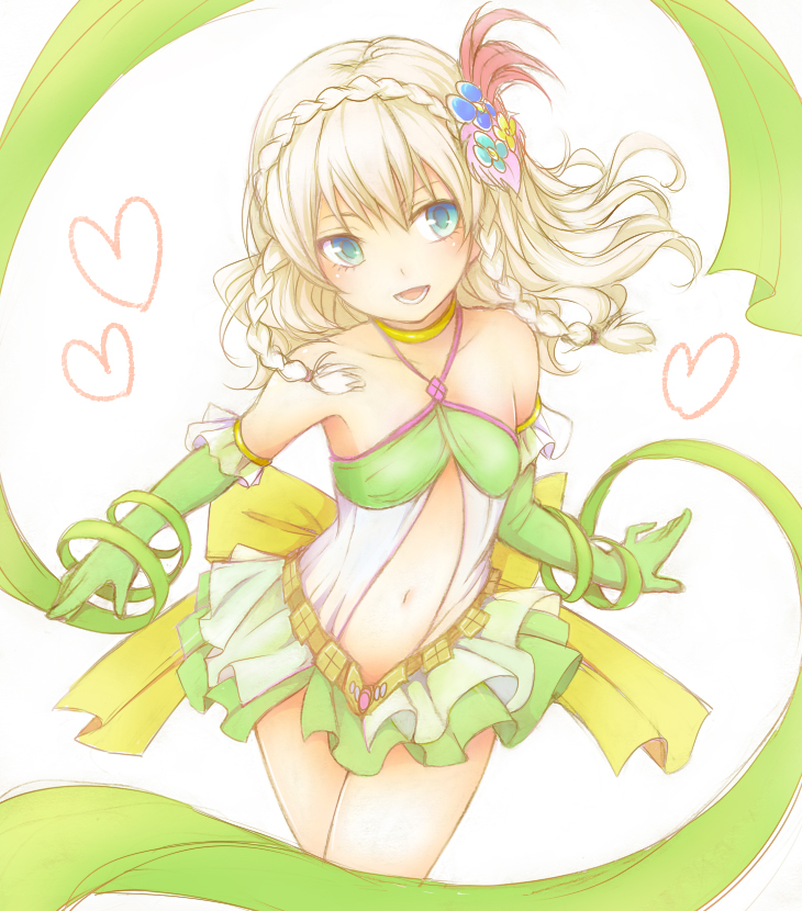0aoiurn0, 1girl, :d, adapted_costume, aged_down, alternate_costume, aqua_eyes, bare_shoulders, blonde_hair, braid, child, cowboy_shot, crown_braid, elbow_gloves, gloves, green_gloves, green_sash, hair_ornament, heart, kyougoku_maria_(sengoku_basara), long_hair, lower_teeth_only, open_mouth, sash, see-through_clothes, sengoku_basara, side_braids, simple_background, sleeveless, smile, solo, teeth, white_background