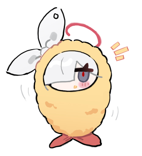 1girl, ?, black_eyes, blue_archive, blush, blush_stickers, chibi, chopsticks, food, food_costume, grey_hair, hair_over_one_eye, halo, measho, mini_person, minigirl, plana_(blue_archive), shrimp, shrimp_tempura, simple_background, tempura, tempura_costume, white_background