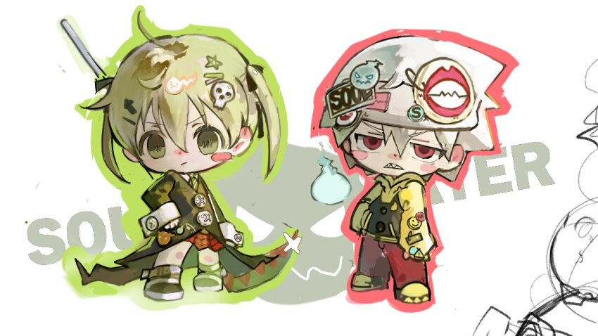 1boy, 1girl, black_jacket, blonde_hair, blush_stickers, character_name, chibi, copyright_name, decora, frown, gloves, green_eyes, green_necktie, green_outline, hair_ornament, hairclip, hands_in_pockets, hitodama, holding, holding_scythe, jacket, knee_blush, letterman_jacket, logo, long_sleeves, looking_at_viewer, maka_albarn, name_tag, necktie, neptune_hi, outline, plaid_clothes, plaid_skirt, red_eyes, red_outline, red_skirt, scythe, sharp_teeth, short_hair, skirt, skull_hair_ornament, soul_eater, soul_evans, spiked_hair, striped_clothes, striped_necktie, teeth, twintails, v-shaped_eyebrows, weapon, white_gloves, white_hair, yellow_sleeves