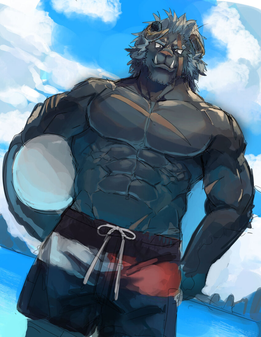 1boy, abs, bad_id, bad_pixiv_id, bara, beach, bulge, cowboy_shot