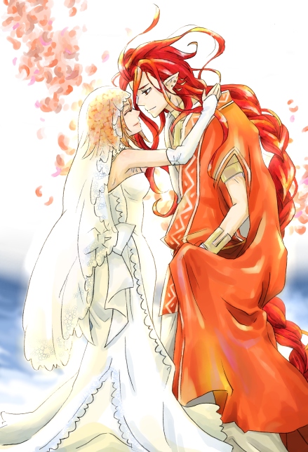 1boy, 1girl, akari_(bokujou_monogatari), braid, bridal_veil, bride, couple, dress, elbow_gloves, gloves, harvest_king, harvest_moon, harvest_moon_animal_parade, harvest_moon_tree_of_tranquility, hetero, ignis_(harvest_moon), kasugayama, pointy_ears, red_hair, single_braid, veil, wedding_dress