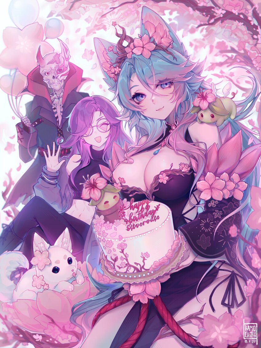 1boy, 2girls, :3, :d, ^_^, aegyo_sal, animal, animal_ear_fluff, animal_ears, balloon, bare_shoulders, birthday_cake, black_dress, black_footwear, black_gloves, black_pants, black_ribbon, black_sleeves, black_sweater, blue_eyes, blue_hair, boots, breasts, cake, character_request, cherry_blossom_print, cherry_blossoms, cleavage, cleavage_cutout, closed_eyes, closed_mouth, clothing_cutout, commentary, cowboy_shot, cropped_sweater, cross-laced_clothes, cross-laced_dress, crossed_legs, day, detached_sleeves, dress, earrings, english_commentary, fingerless_gloves, floral_print, floral_print_dress, flower, flower-trimmed_sleeves, food, fox_ears, from_side, glasses, gloves, gradient_hair, grey_jacket, hair_between_eyes, hair_flaps, hand_up, happy_birthday, heart, heart_earrings, highres, holding, holding_balloon, holding_plate, horns, indie_virtual_youtuber, jacket, jacket_partially_removed, jewelry, kamochiru, knee_boots, lace-up_boots, large_breasts, long_hair, long_sleeves, looking_at_viewer, midriff, mother_and_child, mother_and_daughter, multicolored_hair, multiple_girls, nail_(hardware), nail_polish, navel, open_clothes, open_jacket, open_mouth, outdoors, pants, parent_and_child, parted_hair, pink_flower, pink_hair, plate, print_dress, puffy_long_sleeves, puffy_sleeves, purple-framed_eyewear, purple-tinted_eyewear, purple_hair, red_eyes, red_horns, red_nails, ribbon, ringed_eyes, signature, silvervale, silvervale_(sakura_goddess), sitting, skeleton, sky, sleeveless, sleeveless_dress, sleeveless_sweater, sleeveless_turtleneck, smile, solo_focus, sweater, tiara, tinted_eyewear, tree, turtleneck, turtleneck_sweater, very_long_hair, virtual_youtuber, waving, white_sky
