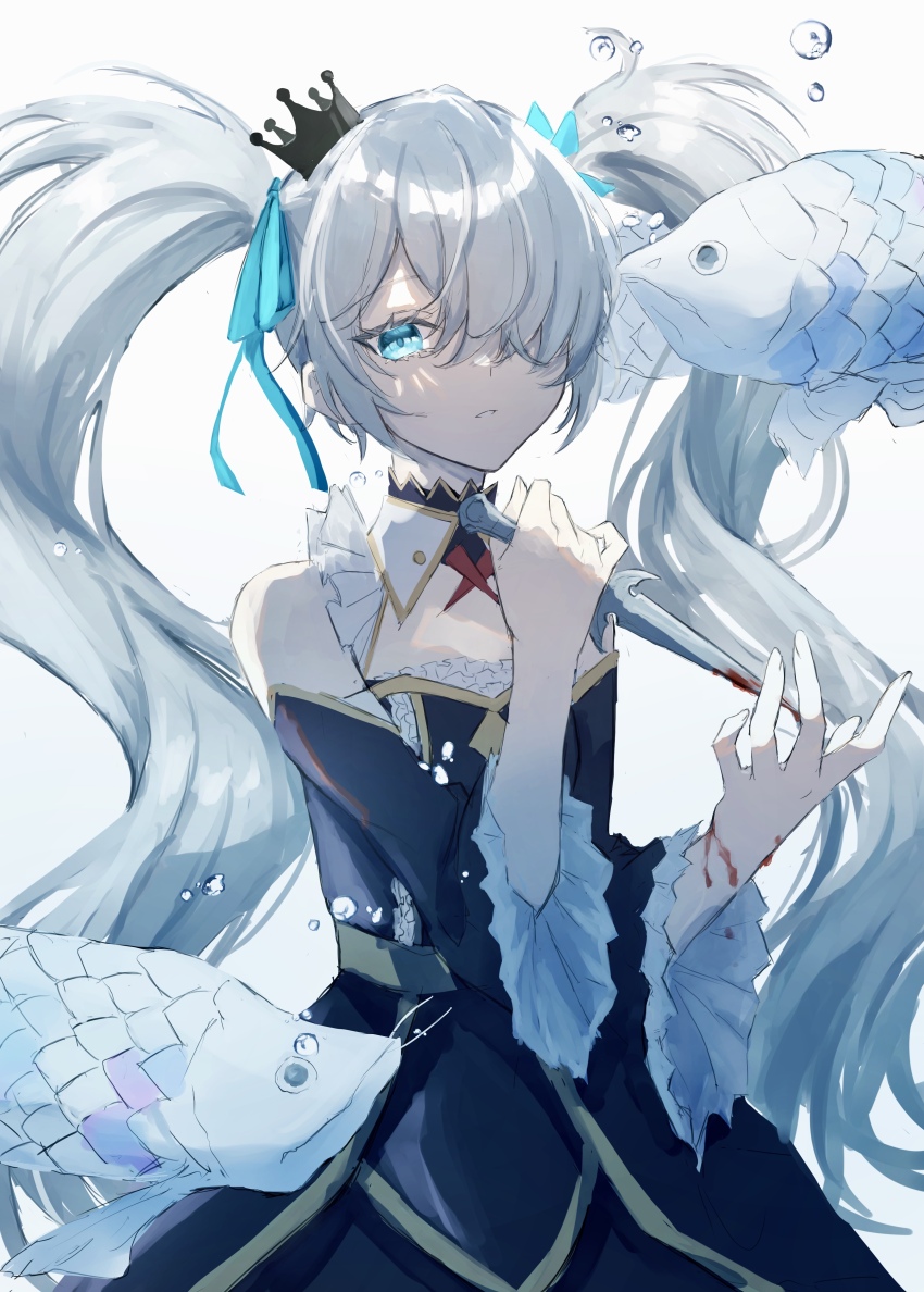 1girl, 25-ji_miku, absurdres, air_bubble, animal, aqua_eyes, aqua_ribbon, bare_shoulders