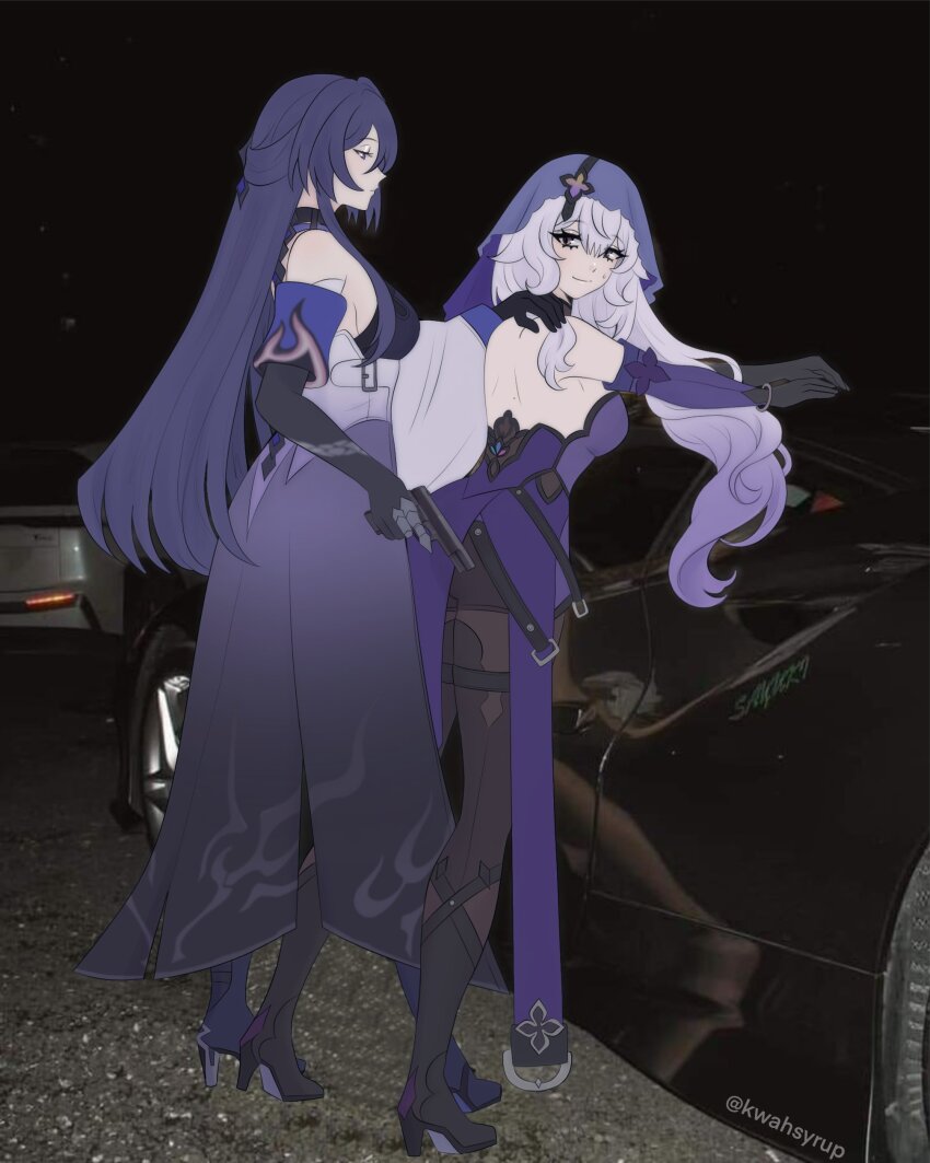 absurdres, acheron_(honkai:_star_rail), bare_back, black_gloves, black_swan_(honkai:_star_rail), boots, breasts, coat