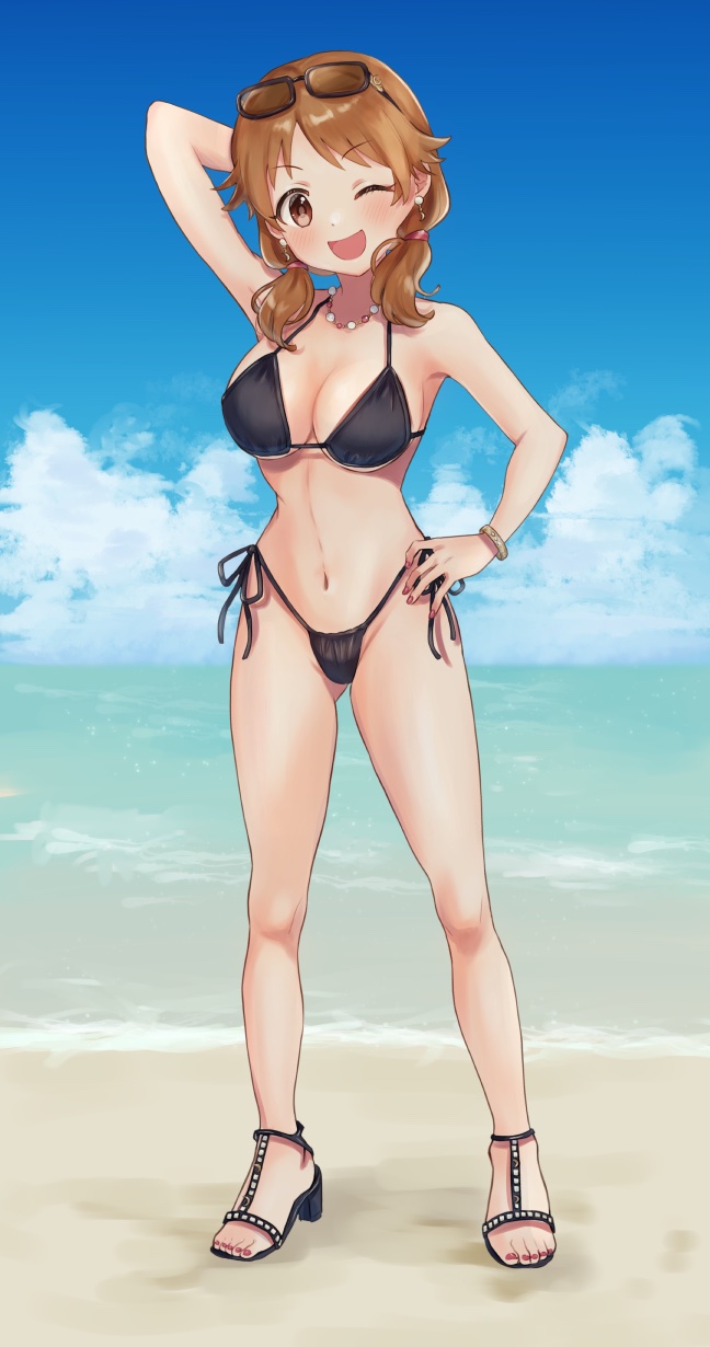 1girl, arm_behind_head, bare_shoulders, beach, bead_necklace, beads, bikini, black-framed_eyewear, black_bikini, black_footwear, blue_sky, blush, bracelet, breasts, brown_eyes, brown_hair, cleavage, day, dot_nose, earrings, eyewear_on_head, full_body, hair_tie, hand_on_own_hip, high_heel_sandals, high_heels, highres, horizon, idolmaster, idolmaster_cinderella_girls, idolmaster_cinderella_girls_starlight_stage, jewelry, katagiri_sanae, large_breasts, looking_at_viewer, low_twintails, model_pose, navel, necklace, ocean, one_eye_closed, open_mouth, outdoors, red_nails, sandals, short_hair, side-tie_bikini_bottom, sky, smile, solo, standing, sunglasses, swimsuit, tori_ririisu, twintails, v-shaped_eyebrows