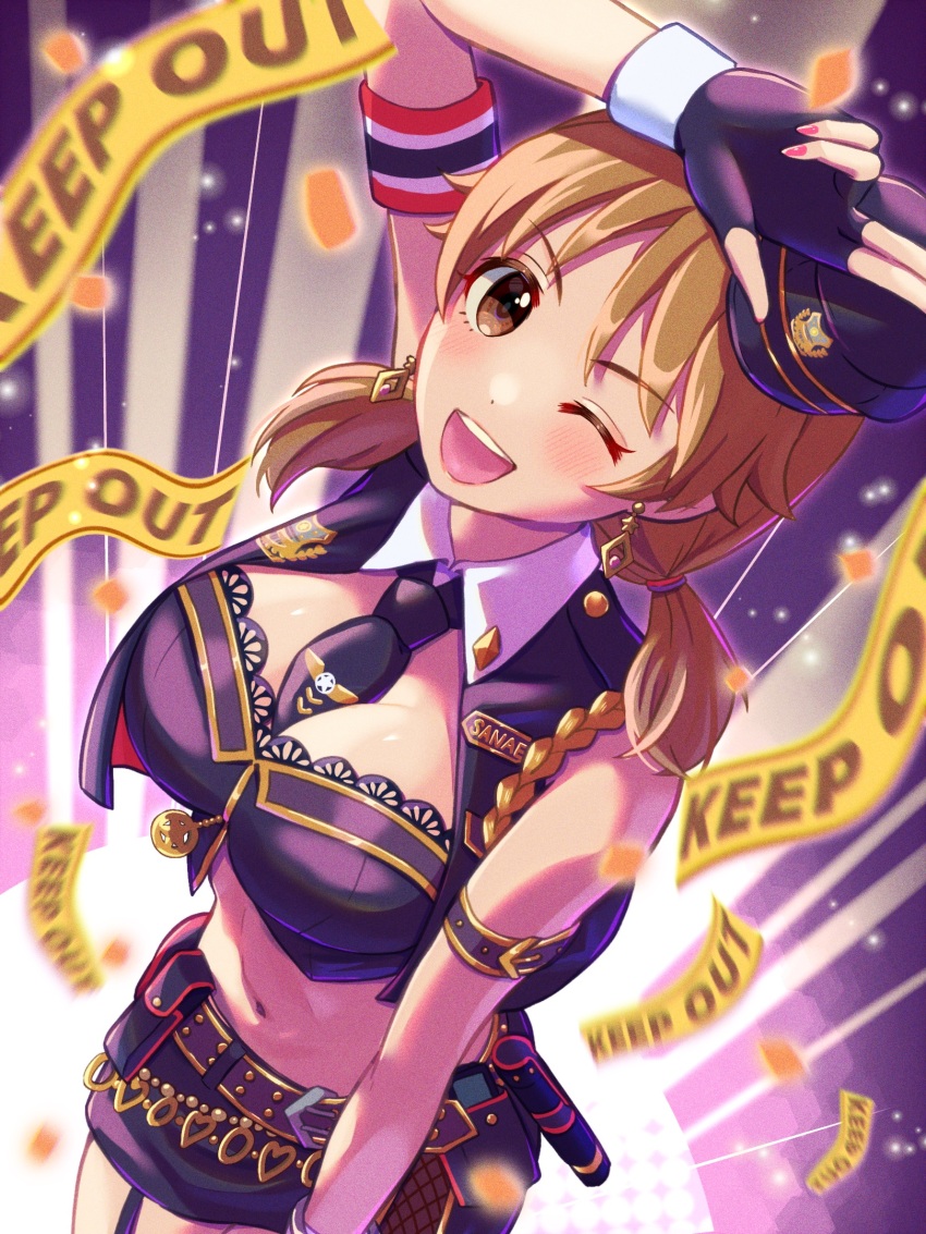 1girl, arm_up, belt, between_breasts, black_gloves, black_necktie, blue_jacket, blue_shirt