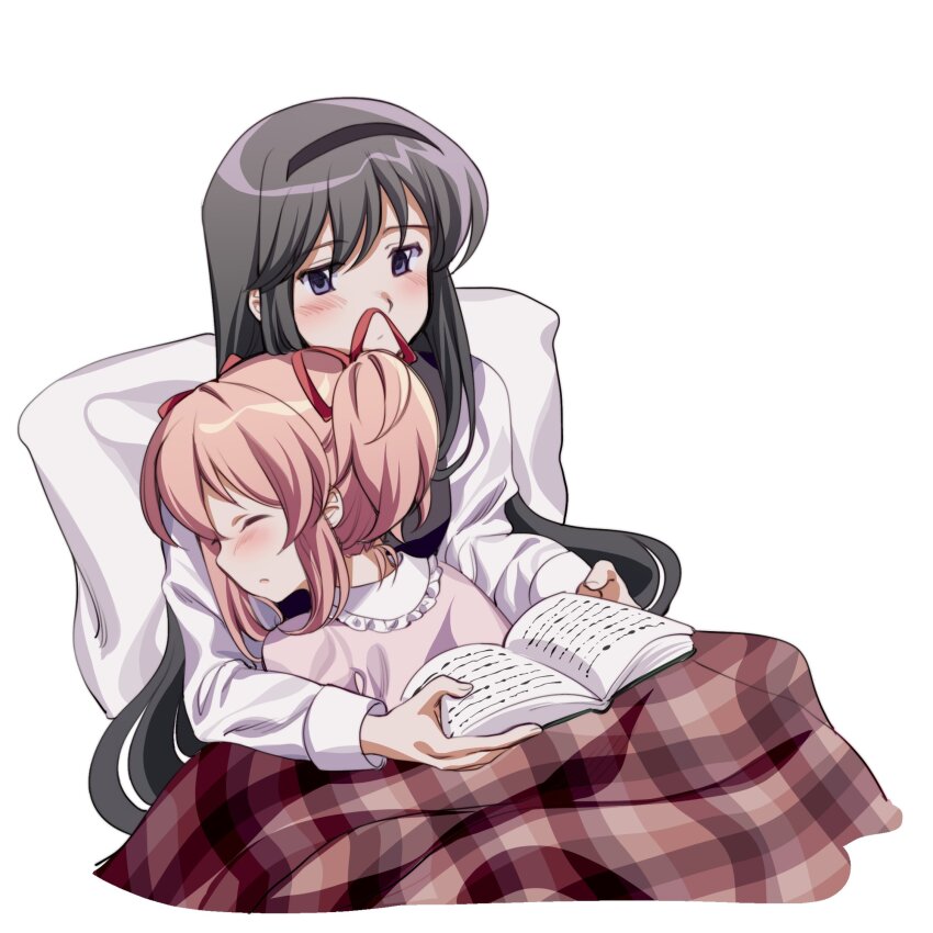 2girls, akemi_homura, black_hair, blush, book, bow, closed_eyes, cuddling