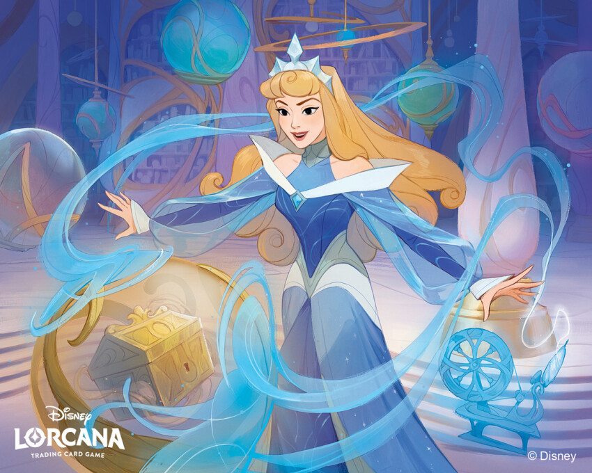 1girl, amandine_girard, aurora_(disney), bare_shoulders, blonde_hair, blue_dress, copyright_name, disney_lorcana, dress, english_text, indoors, long_hair, official_art, open_mouth, puffy_sleeves, see-through_clothes, see-through_sleeves, signature, sleeping_beauty_(disney), solo, spinning_wheel, tiara, treasure_chest