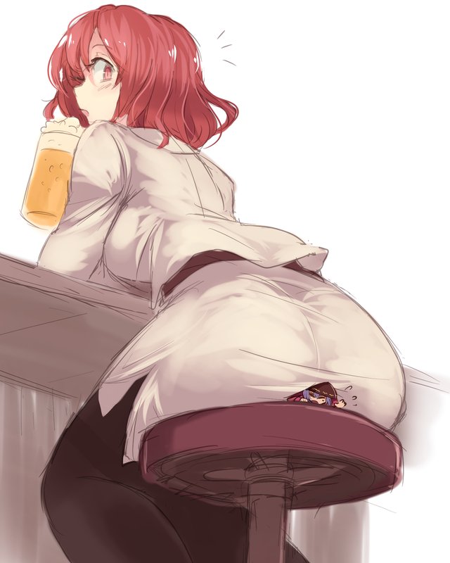 2girls, alcohol, ass, beer, beer_mug, black_pantyhose, blush, breasts