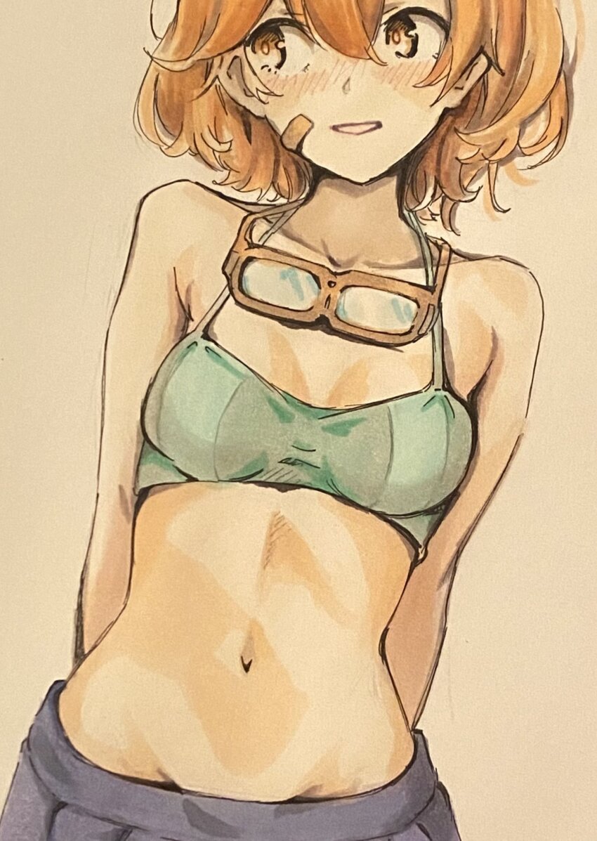 1girl, bandaid, bandaid_on_face, bikini, blush, breasts, brown_eyes, brown_hair