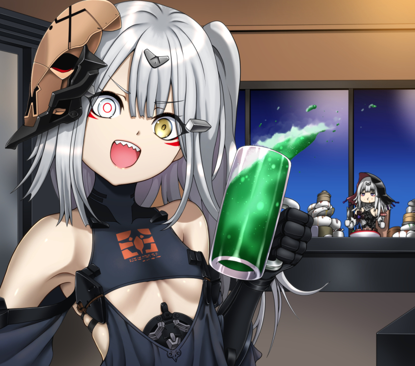 2girls, bare_shoulders, black_dress, black_veil, breasts, clothing_cutout, commentary, cup