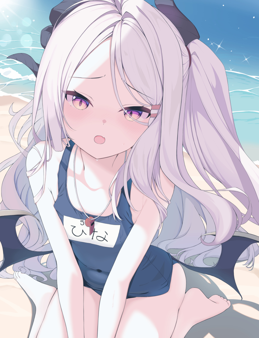 1girl, :o, absurdres, ahoge, backlighting, bare_legs, barefoot, beach, blue_archive, collarbone, commentary_request, demon_girl, demon_horns, demon_wings, fang, forehead, from_above, hair_ornament, hairclip, halo, highres, hina_(blue_archive), hina_(swimsuit)_(blue_archive), horns, long_hair, looking_at_viewer, looking_up, name_tag, ocean, official_alternate_costume, official_alternate_hairstyle, old_school_swimsuit, one_side_up, outdoors, parted_bangs, purple_eyes, school_swimsuit, seiza, sidelocks, sitting, solo, swimsuit, toes, torikun, wavy_hair, whistle, whistle_around_neck, white_hair, wings