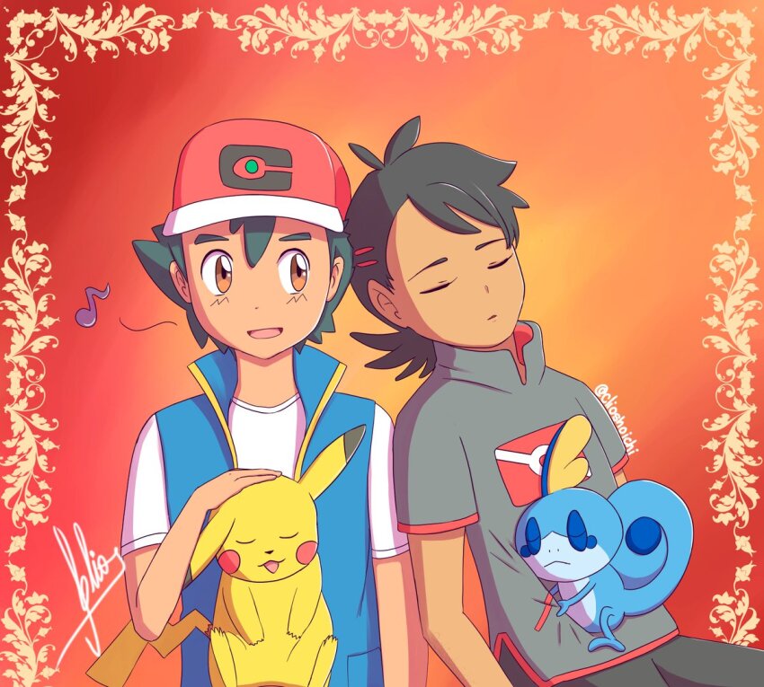 2boys, ash_ketchum, black_hair, clio_shoichi, closed_eyes, gen_1_pokemon, goh_(pokemon), hat