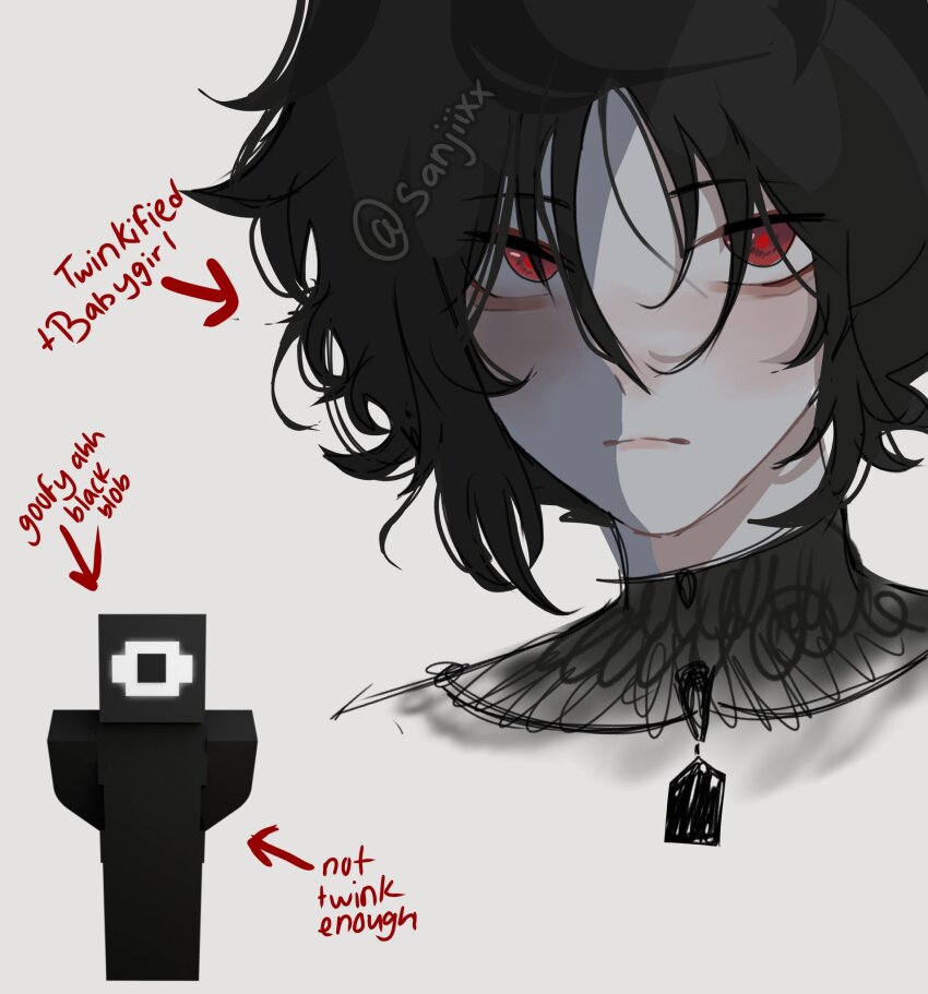 2others, androgynous, black_hair, blush, closed_mouth, commentary, dual_persona, english_commentary