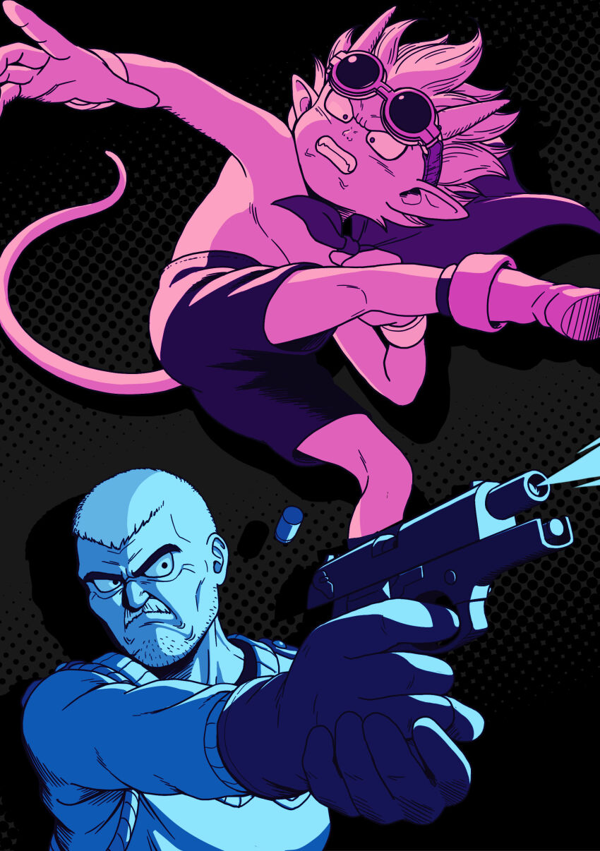 2boys, absurdres, beard_stubble, beelzebub_(sand_land), boots, bracelet, bullet, cape