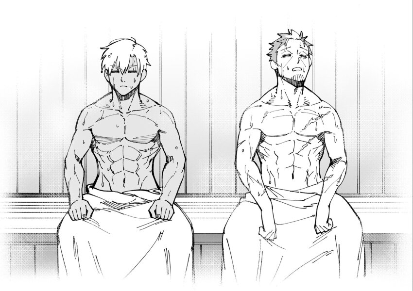 2boys, abs, bara, beryl_gardernant, character_request, closed_eyes, facial_hair, goatee_stubble