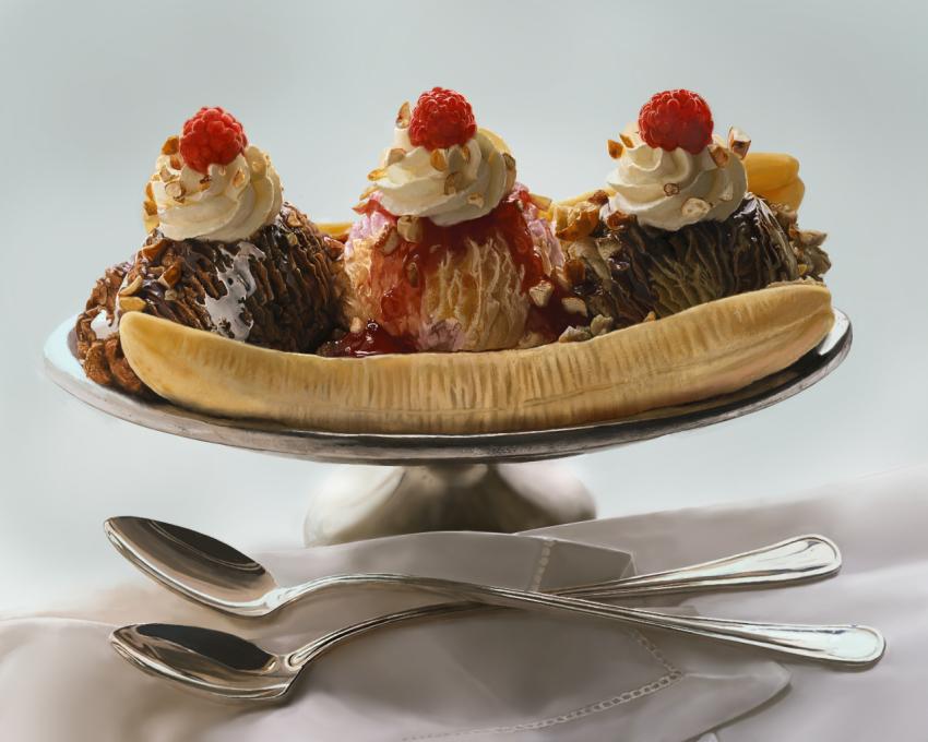 banana, derivative_work, dessert, food, food_focus, fruit, ice_cream, marin_(ririkare), napkin, no_humans, photorealistic, pixiv_cafe, raspberry, realistic, spoon, still_life, sundae, white_background