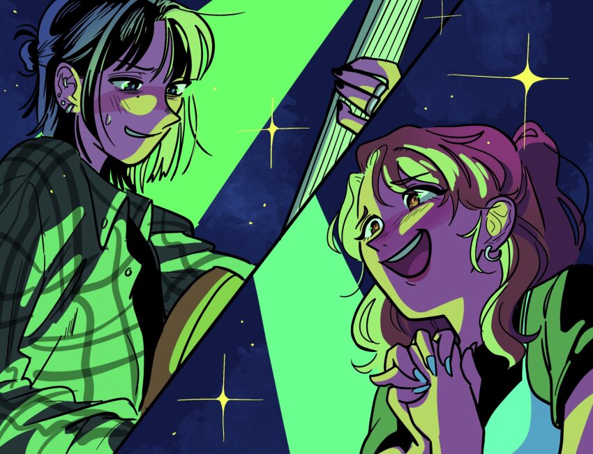 2girls, :d, black_eyes, black_hair, black_nails, blush, brown_eyes, brown_hair