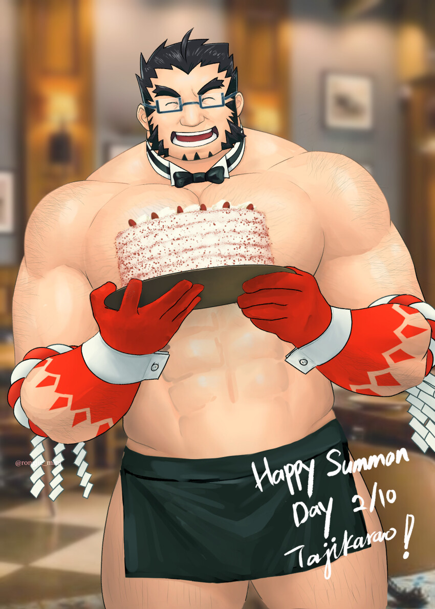 1boy, apron, bara, cake, colored_skin, cowboy_shot, facial_hair, facing_viewer