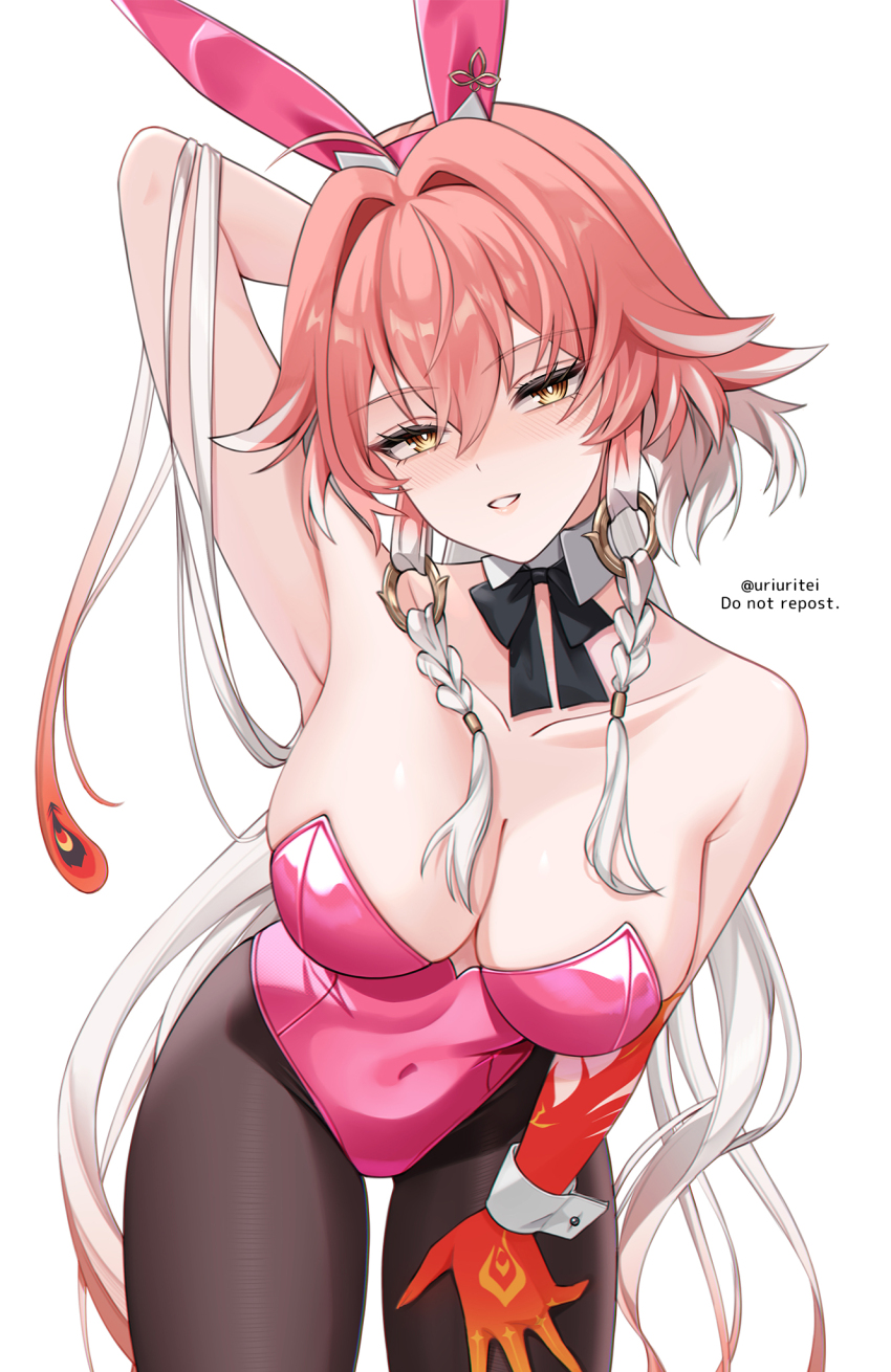 1girl, alternate_costume, animal_ear_hairband, animal_ears, arm_behind_head, arm_up, bare_shoulders, black_pantyhose