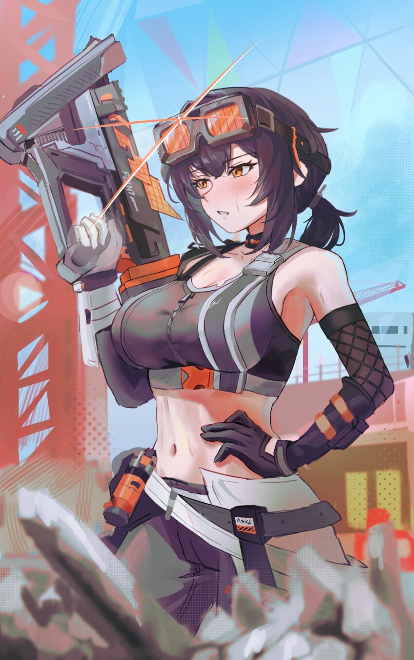 1girl, black_gloves, black_hair, blue_background, breasts, eyewear_on_head, gloves, grace_howard