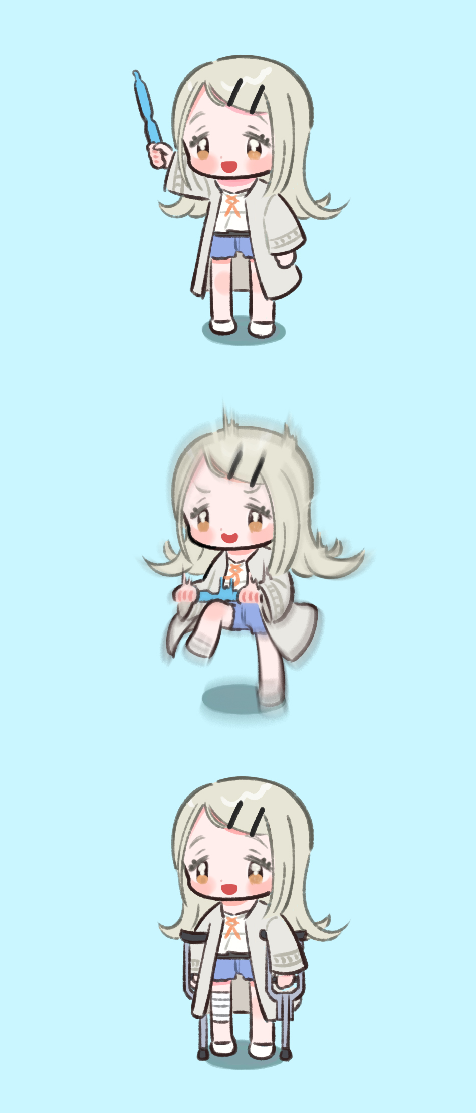 1girl, arm_up, blue_background, brown_eyes, casual, chibi, commentary_request, failure