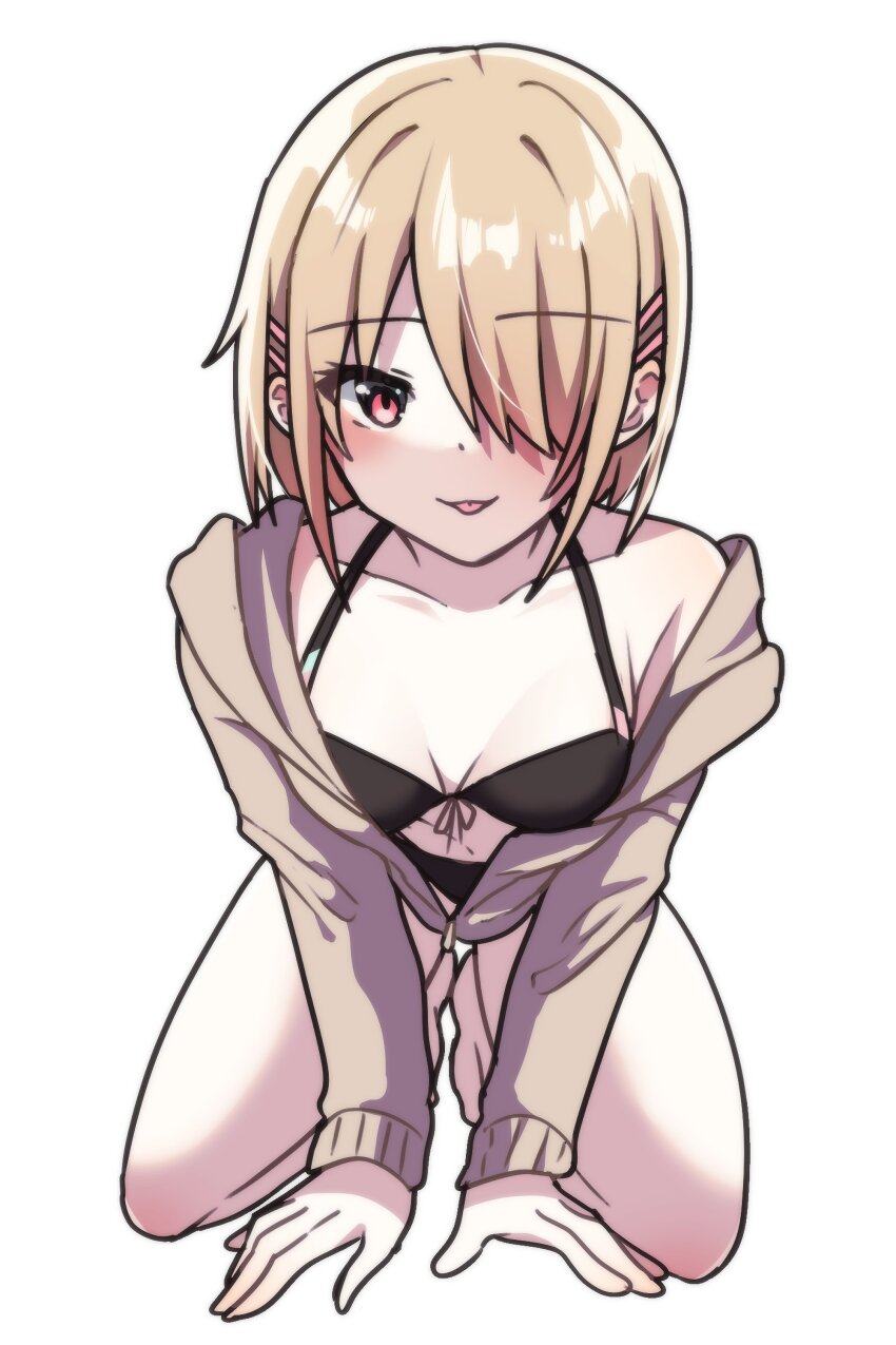 1girl, absurdres, bare_legs, barefoot, bikini, black_bikini, blonde_hair, blush