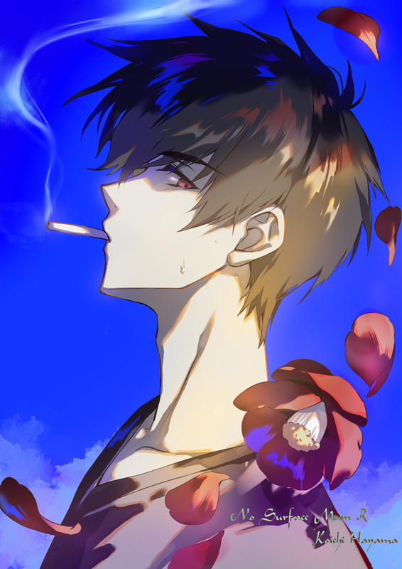 1boy, black_shirt, blue_skirt, brown_hair, camellia, cigarette, cloud, flower