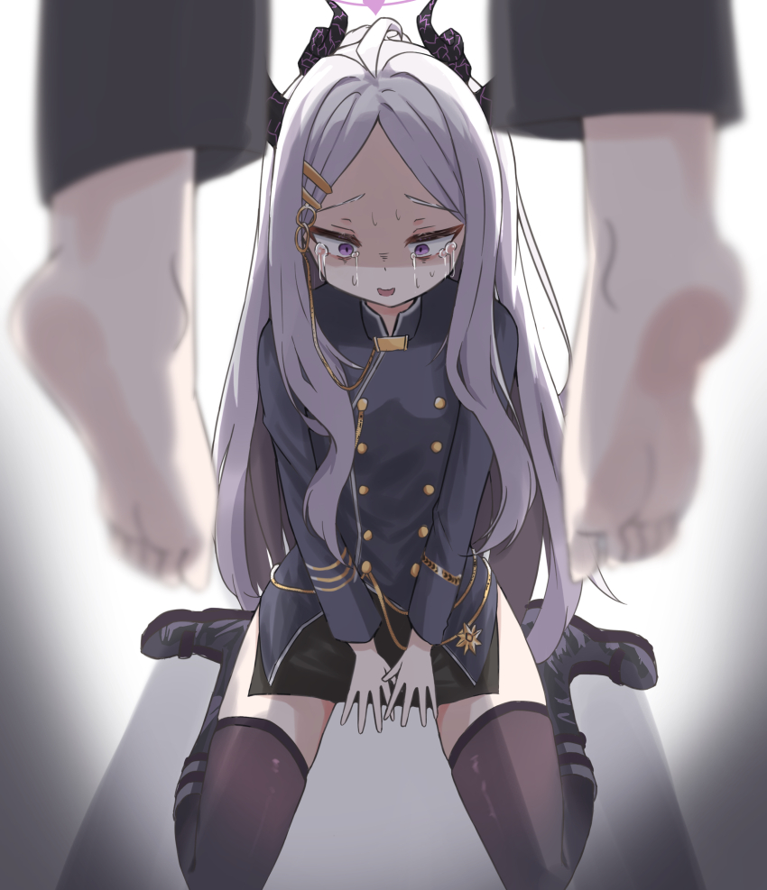 1boy, 1girl, absurdres, ahoge, aiguillette, backlighting, barefoot, black_footwear, black_skirt, blue_archive, blurry, blurry_foreground, boots, buttons, commentary_request, crying, crying_with_eyes_open, death, demon_horns, depressed, depth_of_field, feet, forehead, furrowed_brow, hair_ornament, hairclip, halo, hanged, highres, hina_(blue_archive), horns, implied_suicide, knee_boots, long_hair, long_sleeves, looking_at_viewer, looking_down, military, military_uniform, miniskirt, multiple_horns, nanahosi45, open_mouth, out_of_frame, parted_bangs, pencil_skirt, pov, pov_legs, purple_eyes, purple_thighhighs, sad, side_slit, sidelocks, simple_background, sitting, skirt, streaming_tears, suicide, surprised, tears, thighhighs, v_arms, wariza, wavy_hair, white_background, white_hair, wide-eyed, zettai_ryouiki