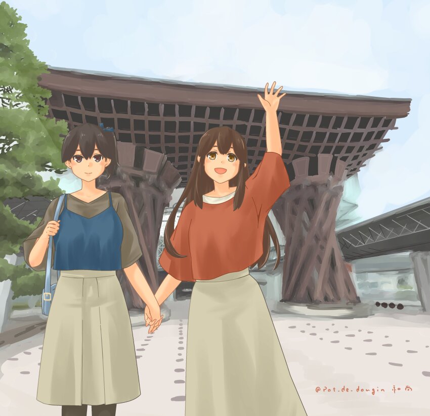 2girls, absurdres, akagi_(kancolle), alternate_costume, bag, black_pantyhose, blue_shirt, blue_sky, brown_eyes, brown_hair, cloud, commentary_request, day, grey_skirt, highres, holding_hands, kaga_(kancolle), kanazawa_station, kantai_collection, long_hair, multiple_girls, official_alternate_costume, outdoors, pantyhose, pot-de, real_world_location, red_shirt, shirt, shoulder_bag, side_ponytail, skirt, sky, waving, yuri