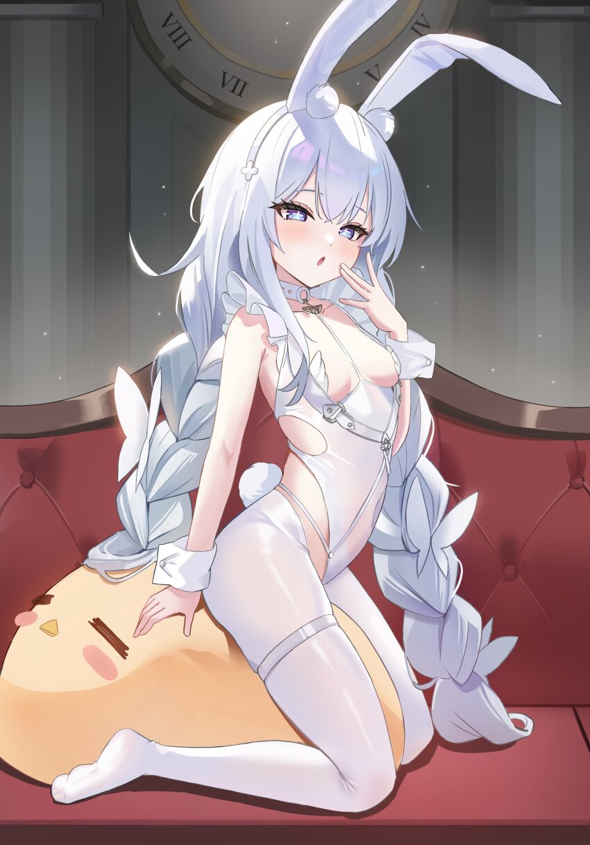 1girl, absurdres, animal_ears, azur_lane, blue_eyes, blush_stickers, braid, breasts, collar, couch, covered_navel, cross-shaped_pupils, crossed_bangs, crotchless, crotchless_pantyhose, fake_animal_ears, fake_tail, from_side, grey_hair, hair_between_eyes, hand_up, hashtag-only_commentary, henem416, highres, indoors, kneeling, le_malin_(azur_lane), le_malin_(listless_lapin)_(azur_lane), leotard, light_blush, long_hair, looking_at_viewer, low_twin_braids, manjuu_(azur_lane), no_shoes, o-ring_collar, official_alternate_costume, on_couch, open_mouth, pantyhose, playboy_bunny, rabbit_ears, rabbit_tail, small_breasts, solo, symbol-shaped_pupils, tail, thigh_strap, twin_braids, very_long_hair, white_collar, white_leotard, white_pantyhose, white_wrist_cuffs, wrist_cuffs