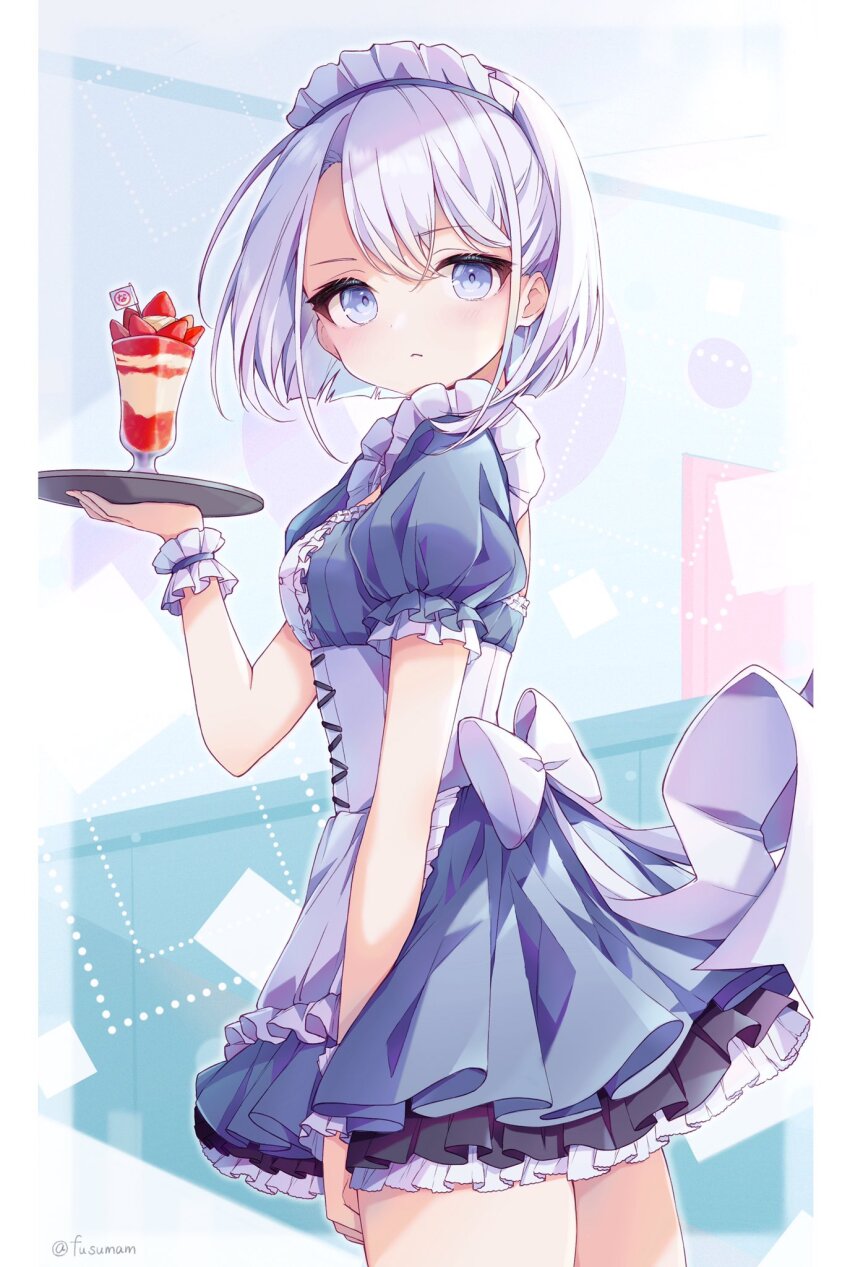 1girl, apron, bad_id, bad_twitter_id, blue_dress, blue_eyes, closed_mouth, cowboy_shot