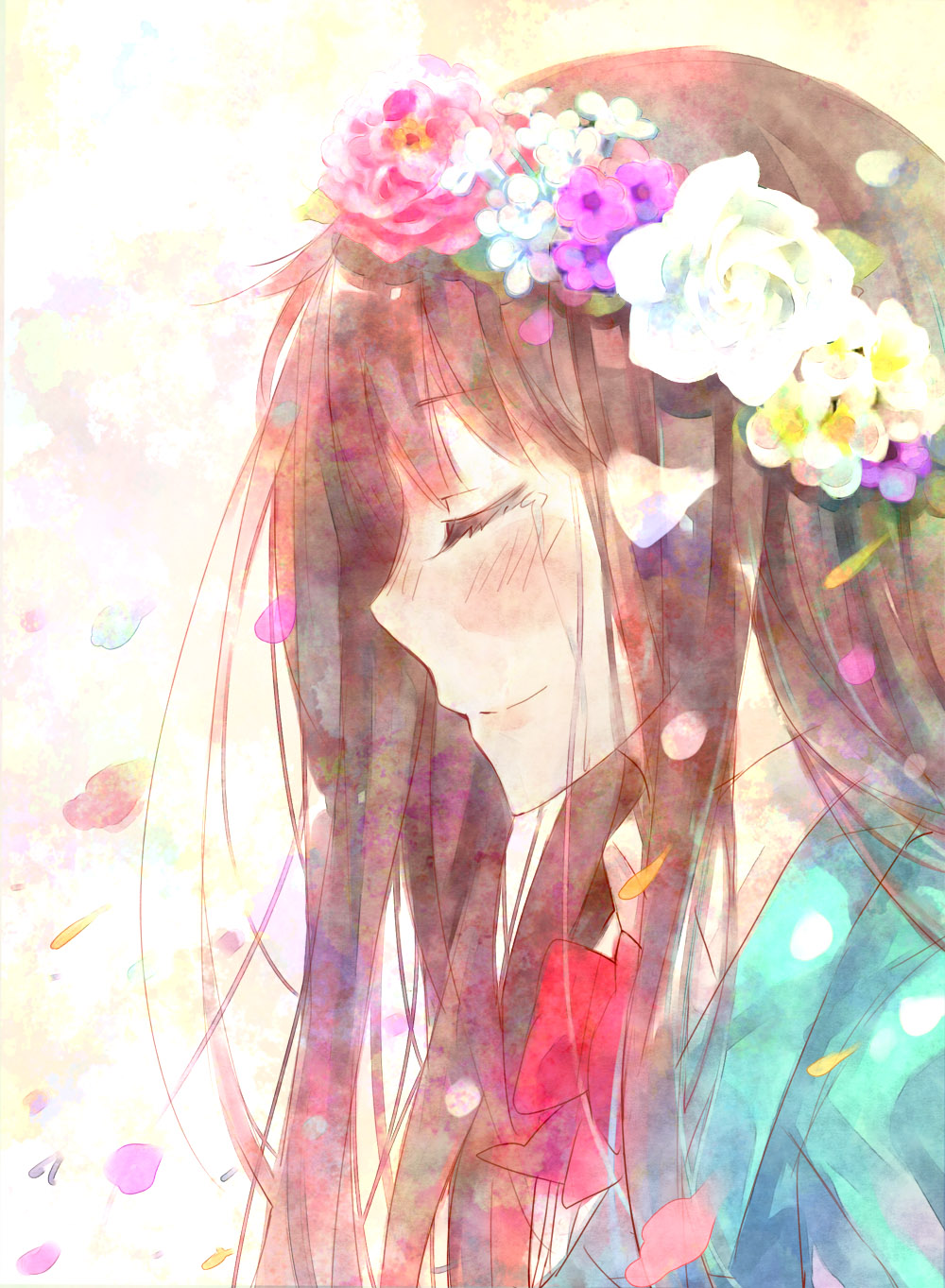 1girl, bad_id, bad_pixiv_id, black_hair, blush, closed_eyes, female_focus, flower