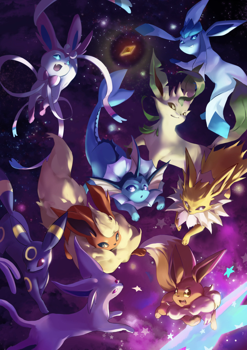 absurdres, blonde_hair, blue_hair, bow, brown_eyes, closed_mouth, eevee, espeon