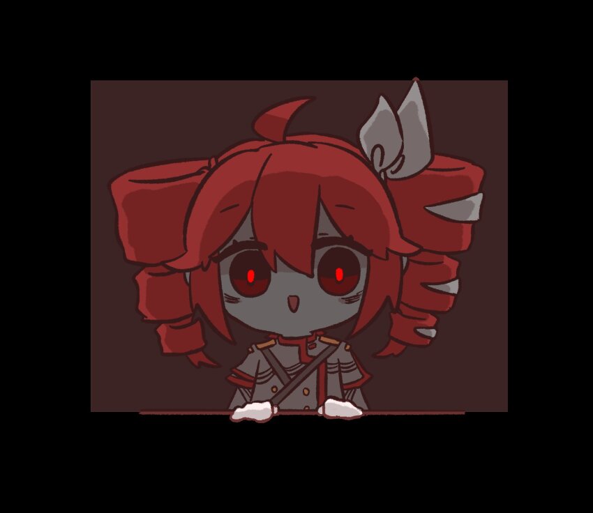 1girl, ahoge, black_border, border, buttons, commentary, double-breasted, drill_hair, english_commentary, glowing, glowing_eyes, grey_jacket, hair_between_eyes, hair_ribbon, highres, hyouenn, jacket, kasane_teto, kasane_teto_(sv), looking_at_viewer, open_mouth, red_eyes, red_hair, ribbon, shoulder_belt, solo, straight-on, synthesizer_v, twin_drills, upper_body, utau, white_ribbon