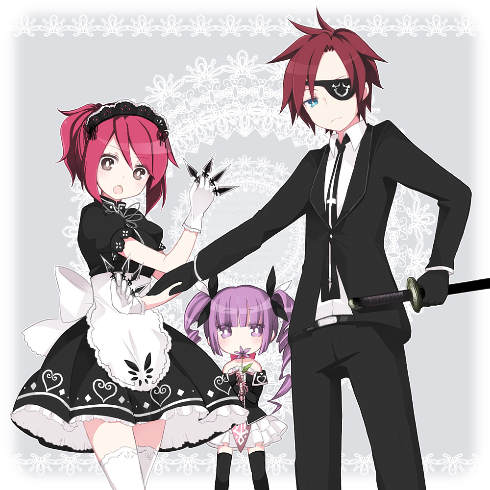 1boy, 2girls, alternate_costume, alternate_hairstyle, aruya_(flosrota), asbel_lhant, asbel_lhant_(eyepatch_+_black_suit), blue_eyes, brown_hair, cheria_barnes, drill_hair, eyepatch, flower, grey_background, multiple_girls, official_alternate_costume, pink_hair, purple_hair, sophie_(gothic_lolita)_(tales), sophie_(tales), tales_of_(series), tales_of_graces, tuxedo, twintails