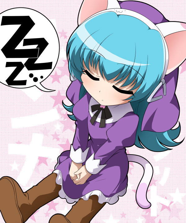 1girl, animal_ears, bioroid_hei, black_ribbon, blue_hair, blush, boots, brown_boots