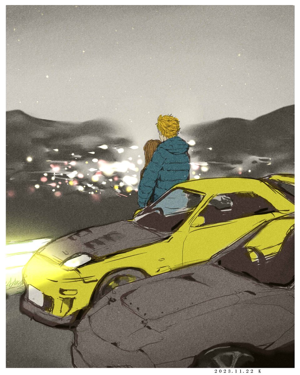 1boy, 1girl, blonde_hair, blurry, blurry_background, blurry_vision, bokeh, brown_hair, car, couple, depth_of_field, down_jacket, facing_away, facing_back, flashlight, highres, highway, hug, hug_from_behind, initial_d, iwase_kyouko, jacket, looking_ahead, mature_female, mature_male, mazda_rx-7, mazda_rx-7_fd, medium_hair, metalk203011, motor_vehicle, night, night_vision, polka_dot, scenery, sky, standing, takahashi_keisuke