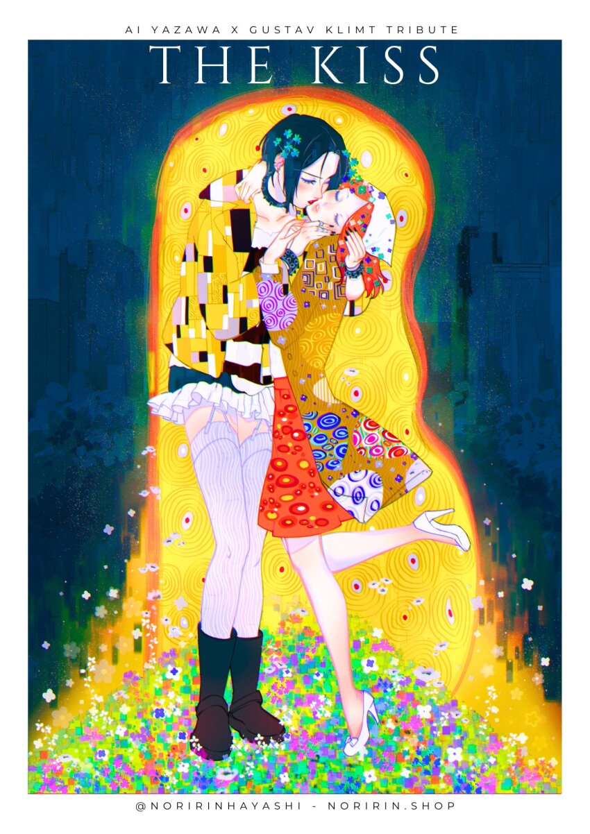 2girls, arm_around_another's_back, artist_name, black_choker, black_footwear, black_hair, black_nails, border