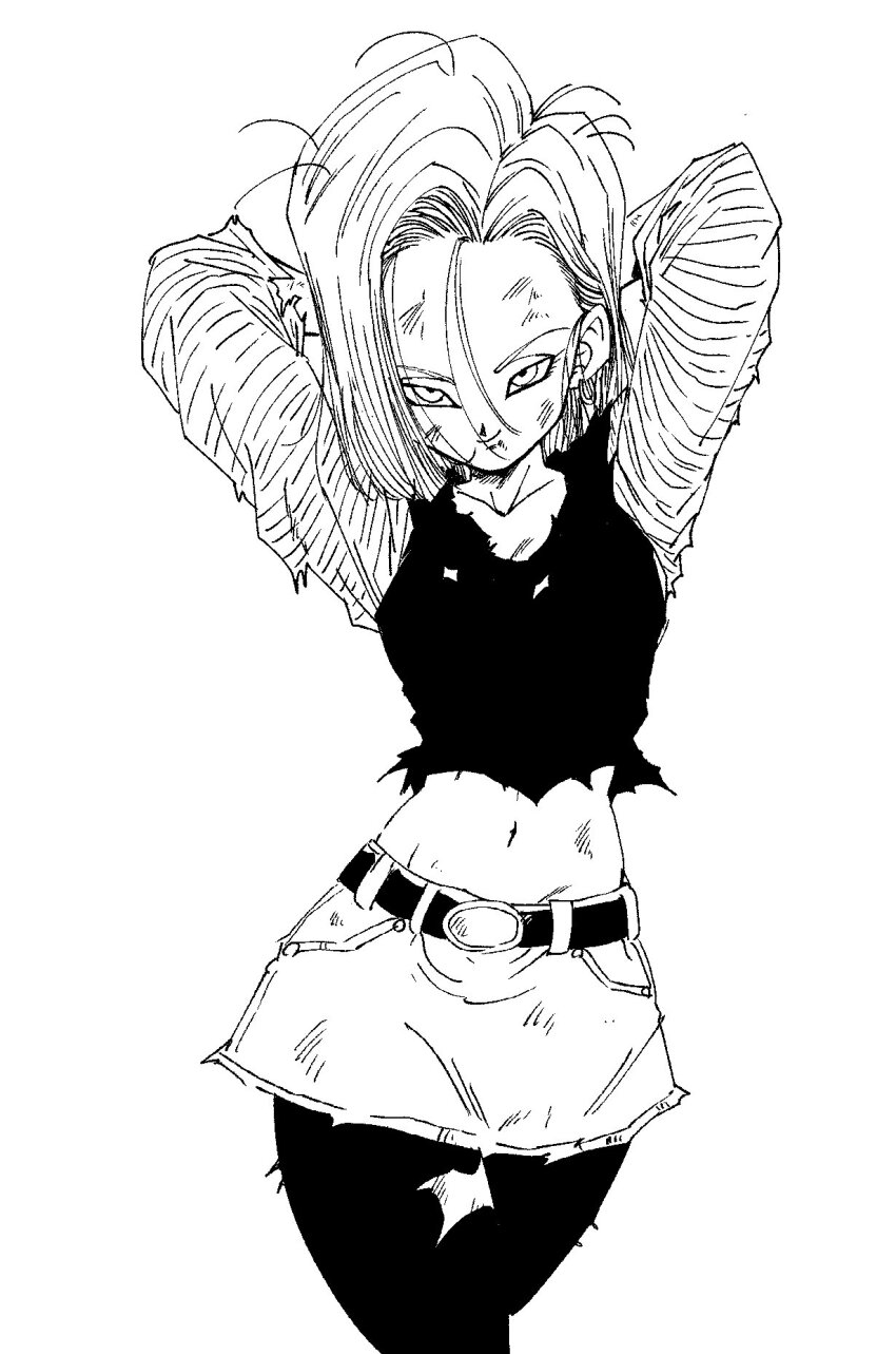 1girl, android, android_18, arms_behind_head, belt, belt_buckle, breasts, buckle