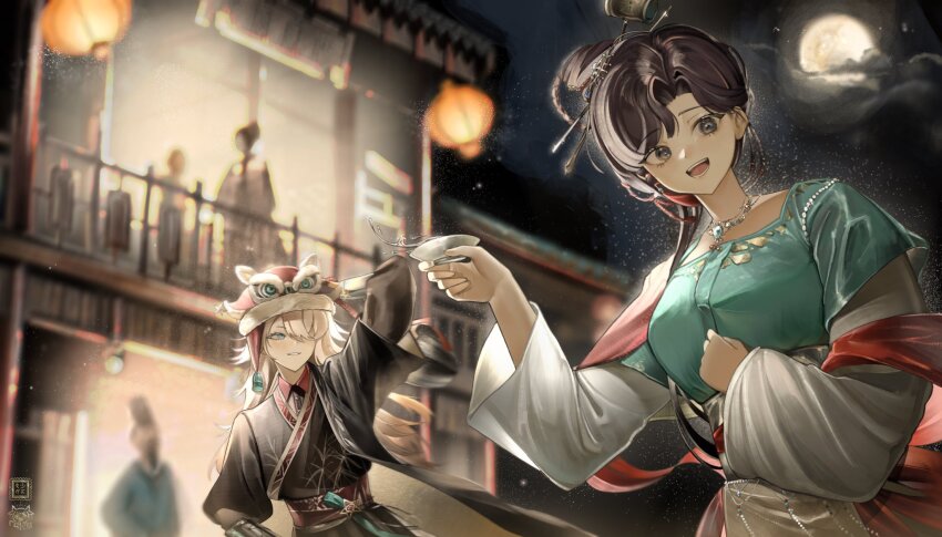 2girls, :d, architecture, arm_behind_head, arm_up, backlighting, black_eyes, black_hair