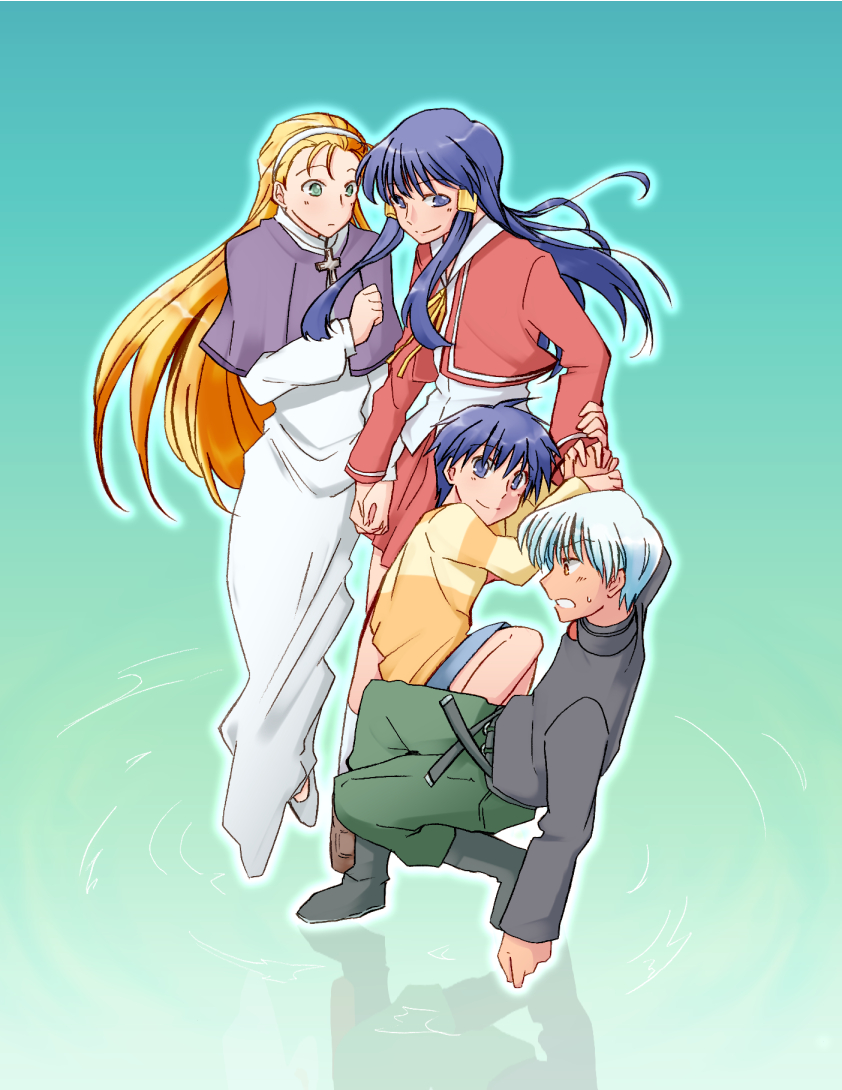 1boy, 201_(yield), 3girls, amasawa_ikumi, amasawa_miyu, blonde_hair, blue_eyes, blue_hair