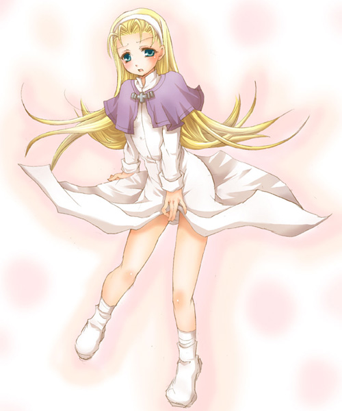 1girl, blonde_hair, blue_eyes, blush, capelet, dress, hairband, kanuma_youko