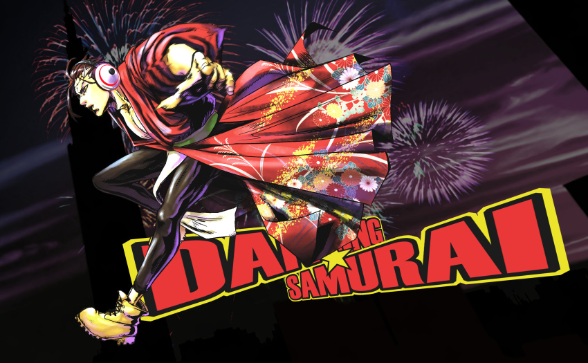 1boy, aerial_fireworks, big_al, boots, brown_hair, dancing, dancing_samurai_(vocaloid), fireworks, headphones, headset, highres, japanese_clothes, kimono, male_focus, namahamu_banana, scar, solo, stitches, vocaloid, yellow_eyes