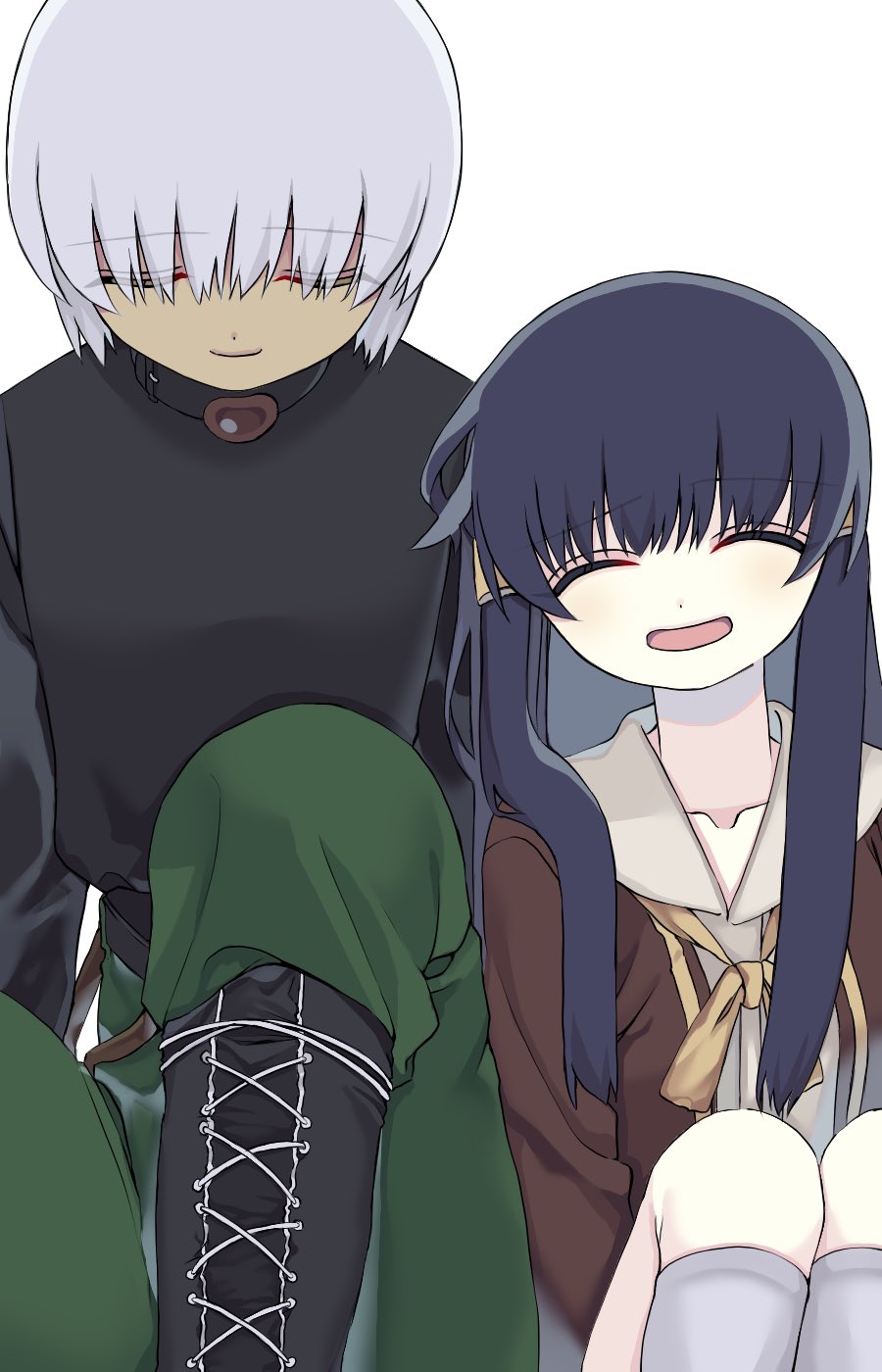 1boy, 1girl, amasawa_ikumi, black_footwear, blue_eyes, blue_hair, boots, boy_(moon)